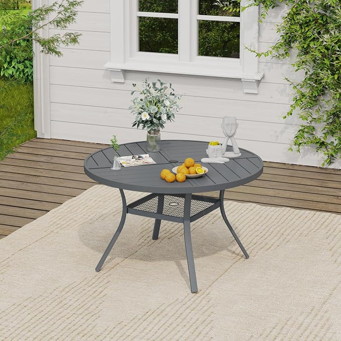 VICLLAX Outdoor Table and Chairs Set for 4, Patio Dining Set of 40.6" Metal Round Patio Table with Umbrella Hole & 4 Swivel Outdoor Dining Chairs for Backyard Lawn, Grey & Dark Grey