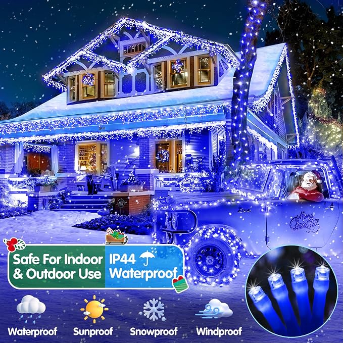 Christmas Lights Outdoor, 125FT 350 LED String Lights 8 Modes and Timer Memory Function Twinkle Fairy Lights Waterproof Plug in for Xmas Tree Wedding Party Holiday Decor(Blue)