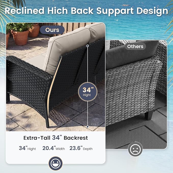 UDPATIO Patio Furniture Set with 44" Fire Pit Table, High Back 4 Swivel Rocker Chairs, Wicker Outdoor Conversation Sets with Thick Cushions & Ottoman, for Garden, Porch