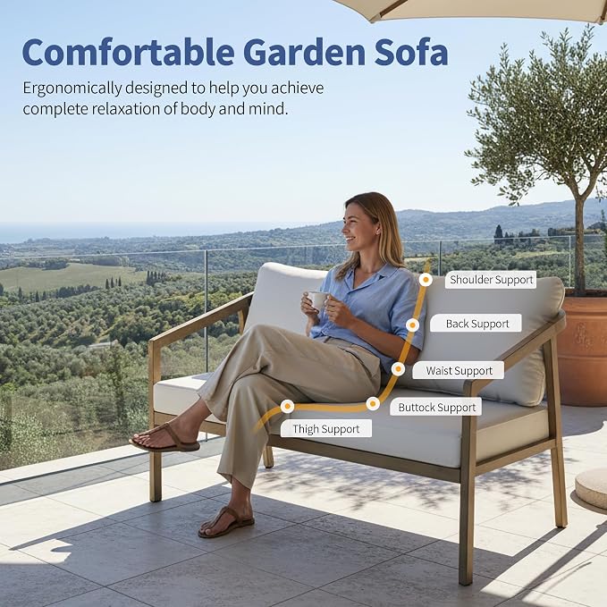 Outdoor Patio Loveseat Sofa, Aluminum 2-Seater Conversation Set with Washable Thick Cushions, Never-Rust Modern Garden Couch Bench for Porch, Poolside, Backyard (Brown+Beige)