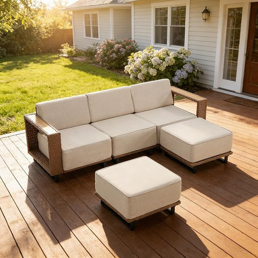 MOCHITO 5 Pieces Outdoor Patio Furniture Sets, All-Weather Sectional Sofa PE Rattan Wicker Conversation Set, Outdoor Patio sectional for Poolside, Porch, Lawn, Garden, Balcony(Beige)