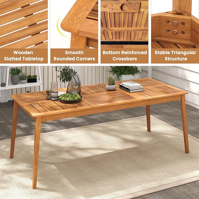 RELAX4LIFE Wooden Outdoor Dining Table for 8, 80" Rectangular Acacia Wood Slatted Patio Table w/Umbrella Hole, Indoor Outdoor Bistro Table for Backyard Porch Garden Deck, 8-Person Patio Dining Table
