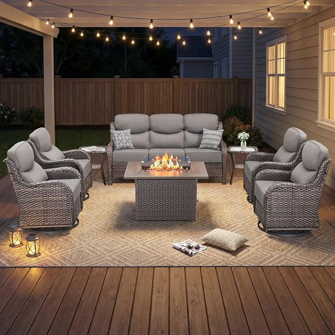 Luxury Swivel Rocker Chairs Fire Pit Set with 6" Thick Cushion 8 piece Wicker Outdoor Patio Chair with Sofa and Side Table,Comfortable High Back Outdoor Patio Furniture Set - Brown | Gery
