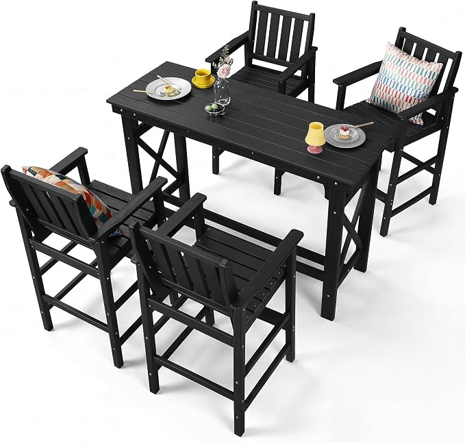 5-Piece Outdoor Bar Table and Chairs Set, HDPE Counter Height Patio Dining Table with 4 Adirondack Bar Chairs, Adirondack Bar Height Chairs and Bar Table for Bistro, Poolside, Backyard, Black