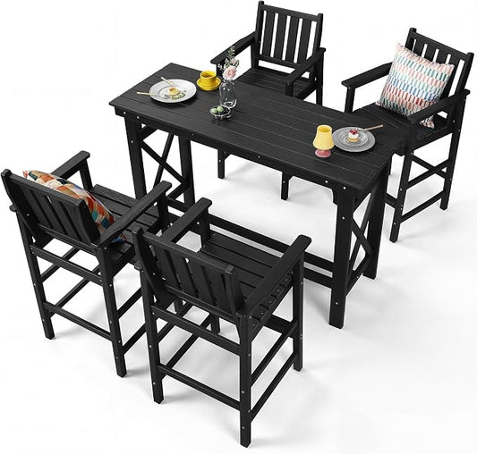 5-Piece Outdoor Bar Table and Chairs Set, HDPE Counter Height Patio Dining Table with 4 Adirondack Bar Chairs, Adirondack Bar Height Chairs and Bar Table for Bistro, Poolside, Backyard, Black