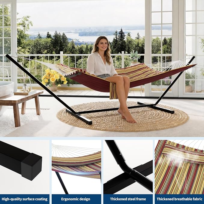 IDEALHOUSE Double Hammock with Stand, 2 Person Outdoor Hammock, 450 Lb Capacity, Pillow Included, 12 ft Stand for Patio, Backyard, Poolside, Red and Yellow Stripes