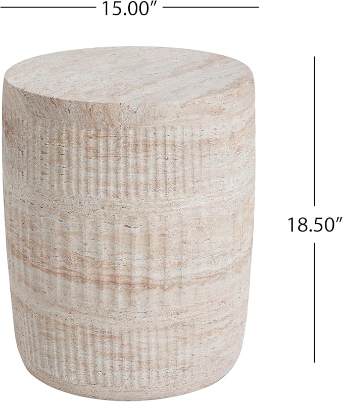 Merax Outdoor Lightweight Concrete Side Table 15" Dx18.5 H Cylinder Round Travertine Indoor Accent Table Weather Resistant End Table for Patio, No Assembly Required, Beige