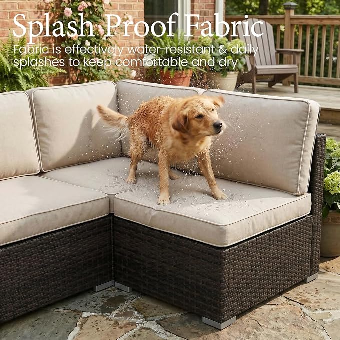 LayinSun 8 Pieces Outdoor Patio Furniture Set with 44" Fire Pit Table Brown Rattan Sectional Sofa Conversation Sets