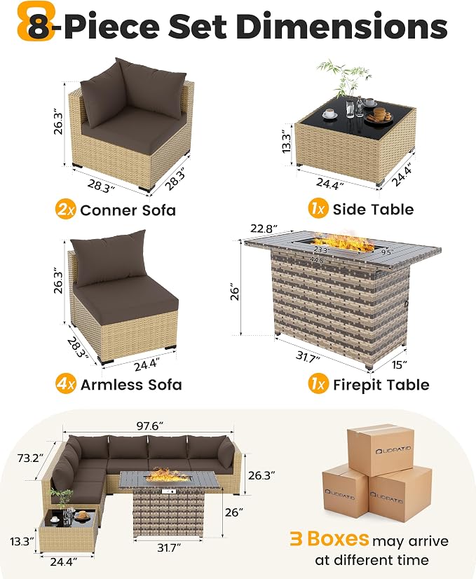 UDPATIO Patio Furniture Set with Fire Pit Table, 8 Piece Sectional Sofas All-Weather Wicker Conversation for Garden, Backyard, Brown