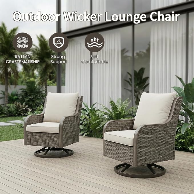 Swivel PE Wicker Chair, Outdoor Patio Chair with 360° Rotation & Water-Resistant Cushion for Porch, Deck, Balcony – All-Weather Handwoven Design (Beige, 2 -PCS)
