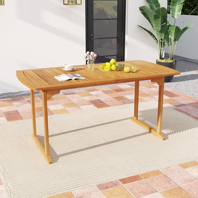 RELAX4LIFE 63’’ Wooden Outdoor Dining Table - Acacia Wood Rectangular Patio Table for 4-6 People w/Umbrella Hole & Slatted Tabletop, Farmhouse Furniture for Pool Backyard Garden Porch (U-Shaped Leg)