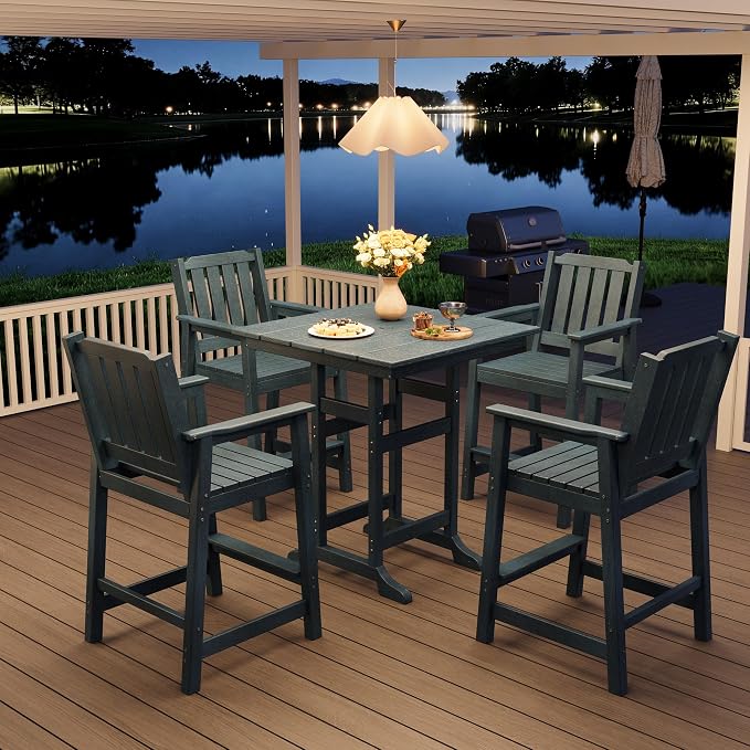 GAOMON Square Outdoor Bar Height Table, Patio Tall Side Bistro Table with Umbrella Hole, Weather Resistant High Top Dining Table for Backyard, Garden, Deck, Porch, Navy Blue