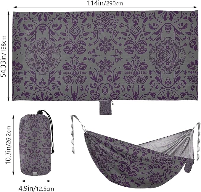 Grey Purple Pattern Camping Hammock, 330lbs Load Capacity, Comfortable Portable Hammock with Tree Straps for Outdoor, Backyard, Beac