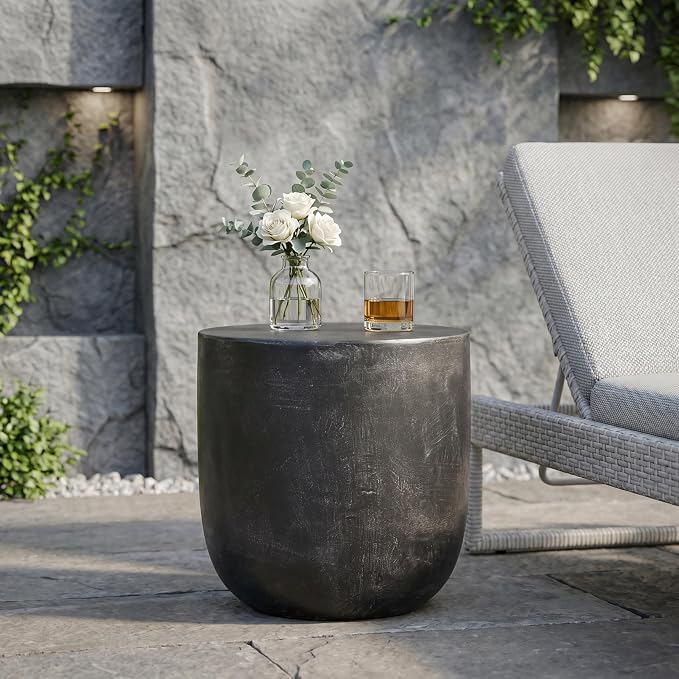 Outdoor Side Table Patio Concrete Side Table Round Drum End Table Faux Stone Side Tables Travertine Small Coffee Tables, Garden Stool Plant Stand for Backyard, Cylindrical, Antique Black