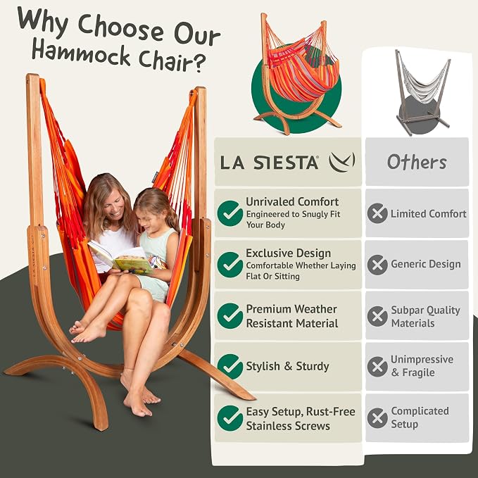 LA SIESTA Udine Outdoor Hammock Chair Set with freestanding Wooden Stand, Double-Size Weather-Resistant Hammock Chair with FSC-Certified Eucalyptus Wood Stand - Toucan