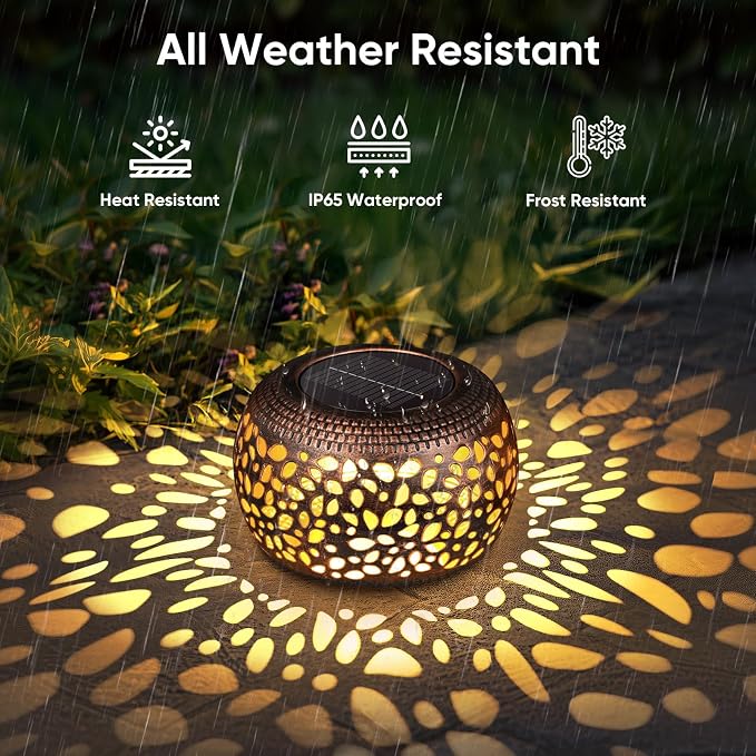 Solar Lanterns Outdoor Waterproof: 2 Pack Red Copper Metal Garden Lights | IP65 Hollow Out Vintage Table Solar Lights, 2 Lighting Modes, 600mAh Battery, Patio Yard Decor, Gardening Gifts for Friends