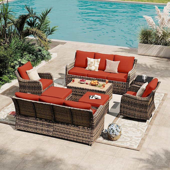 MEISSALIVVE Outdoor Patio Furniture Set with Swivel Chair, 8 Pieces Patio Conversation Set, Patio Sectional Furniture Set with 2 Three-seat Sofa, 2 Ottomans and Coffee Table (Red)