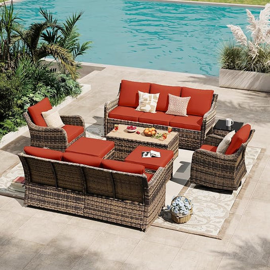 MEISSALIVVE Outdoor Patio Furniture Set with Swivel Chair, 8 Pieces Patio Conversation Set, Patio Sectional Furniture Set with 2 Three-seat Sofa, 2 Ottomans and Coffee Table (Red)