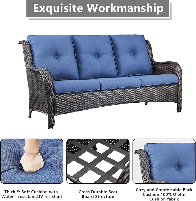 Rilyson Wicker Patio Furniture Set - 6 PC Rattan Outdoor Sectional Conversation Sets with 2 Rocking Swivel Chairs,2 Ottomans,1 Sofa and 1 Loveseat for Porch Deck Garden(Brown/Blue)