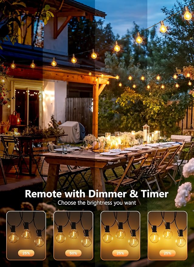 Brightown 37Ft Outdoor String Lights with Remote, 11 G40 Shatterproof LED Bulbs, Waterproof Connectable Hanging Patio Lights for Porch, Backyard, Bistro, Deck, Balcony, Home Decor, 2700K Dimmable