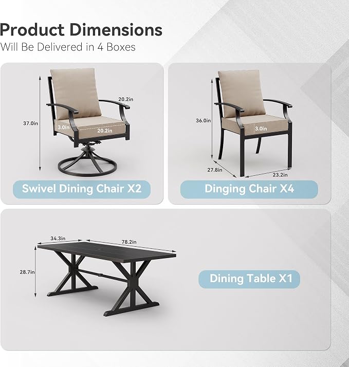 ALAULM 7-Piece Patio Dining Set,Outdoor Metal Dining Set with 2 Swivel Chairs & Rectangle Table with 1.5 Umbrella Hole, Patio Dining Table and Chairs for Backyard,Sand