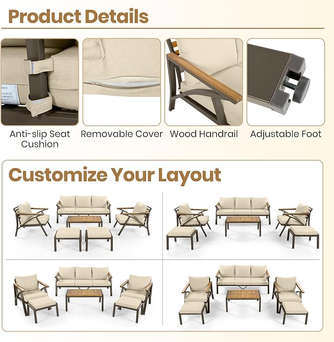 6 Piece Outdoor Furniture Set, Steel Frame Sofa Set with 3-Seat Couch, 2 Armchairs, 2 Ottomans & Acacia Wood Coffee Table, Patio Conversation Set for Garden Poolside, Brown+Cream Beige
