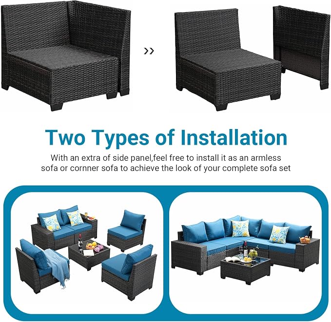Jing's Villa 6-Piece Patio Furniture Set, All-Weather Outdoor Wicker Sectional Sofa with Cushions,Glass Table & Left and Right Armrest, Rattan Conversation Seating for Porch, Backyard,Peacock Blue