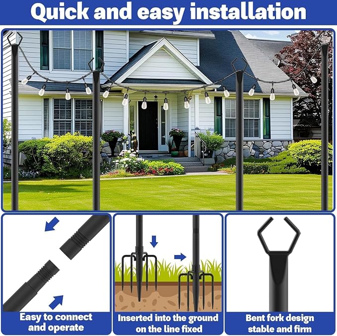8 Pack 10 ft Heavy Duty Metal String Light Poles Adjustable Outdoor Lighting Stand for Patio,Backyard,Garden,Party & Wedding Rustproof & Sturdy with Hooks