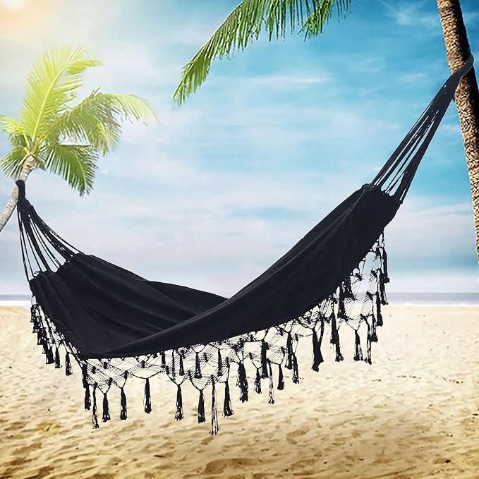 YFUG GO Double Sized Boho Macrame Black Hammock with Elegant Tassels and Fishtail Knitting 485Lbs Includes Tie Ropes and Black Drawstring Bag for Women