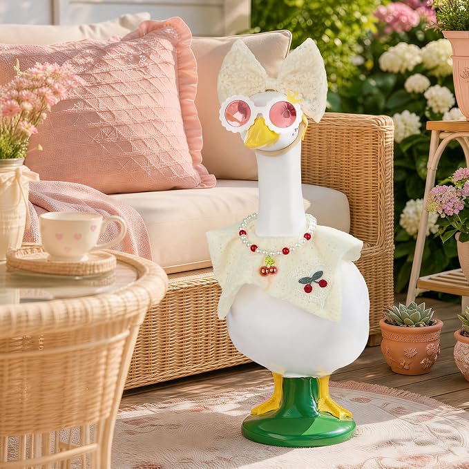 Porch Goose Statue 8pc Accessory Combination Set, White Lace Goose Accessories Kit with Glasses Bow Hat Necklace Stickers for 23 Inch Goose, Elegant Girl Style Yard Decor (White Lace 8PC)