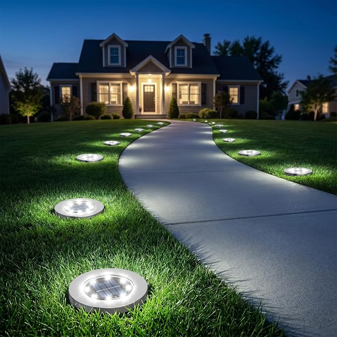 INCX 12 Pack 4.6 Inch Solar Ground Lights Outdoor, Waterproof, Cold White | 8 LEDs, 600mAh Ni-MH battery, 8-10 hr runtime, stainless steel and ABS body, garden lights for pathways, lawns and driveways
