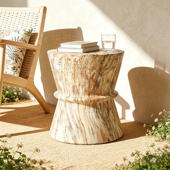 Round Outdoor Side Table, Modern MGO Concrete End Table with Faux Stone Finish, Hourglass-Shaped Patio Side Table for Living Room Garden Balcony,Fully Assembled,Amber Brown