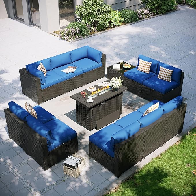 Aoxun Patio Furniture Set with Fire Pit Table, 12 Piece Outdoor Sectional Set, 10 Seats Wicker Rattan Outdoor Furniture with Thickened Cushion for Backyard, Garden Navy Blue