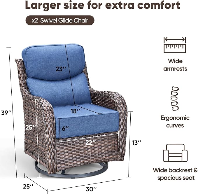Swivel Patio Chairs sofa Set of 2 with 6" Thick Cushion - Wicker Outdoor Swivel Rocker Patio Chair ,Sofa/Glass coffee table, High Back Comfortable Outdoor Glider Chairs - Brown Wicker | Blue Cushions