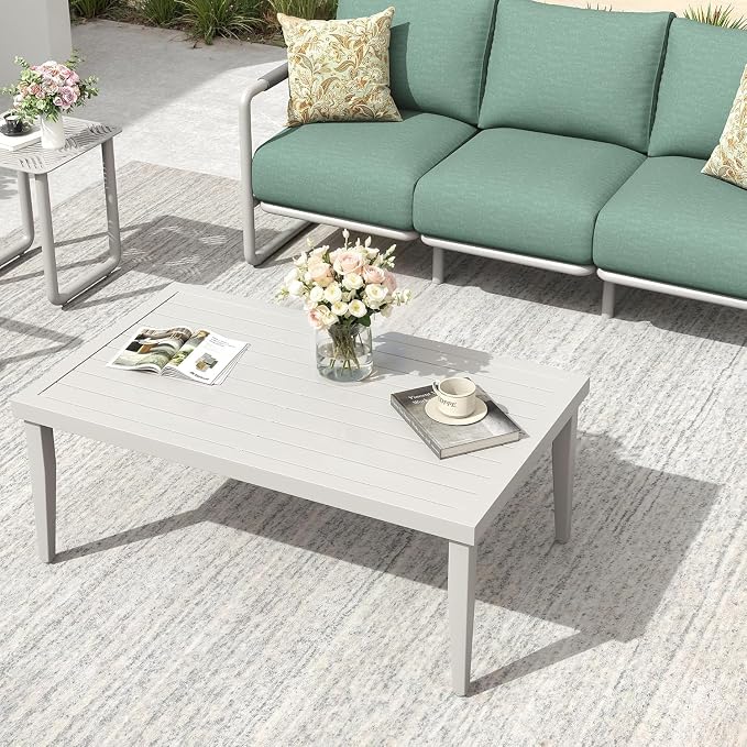5-Piece All-Weather Aluminum Patio Conversation Set, 2 Swivel Rocking Chairs, 3-Seat Sofa & Rectangular Coffee Table for Pool, Garden, Balcony, White