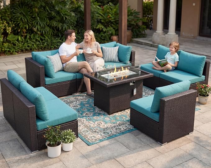 NICESOUL 9 Piece Patio Sectional Set with Firepit Natural Gas/Propane, 29.3'' High Back Tall Big Outdoor Conversation Couch Sets, Wide Sitting Furniture for Outside, Brown Rattan and Teal Cushion