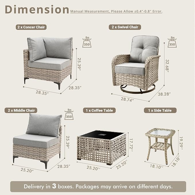 8 Pieces Patio Sectional Furniture Set, Outdoor Wicker Sectional Couch with High Back Swivel Rocker Chairs Solar Lights Table, Modern Conversation Set for Porch Balcony Backyard, Dark Gray