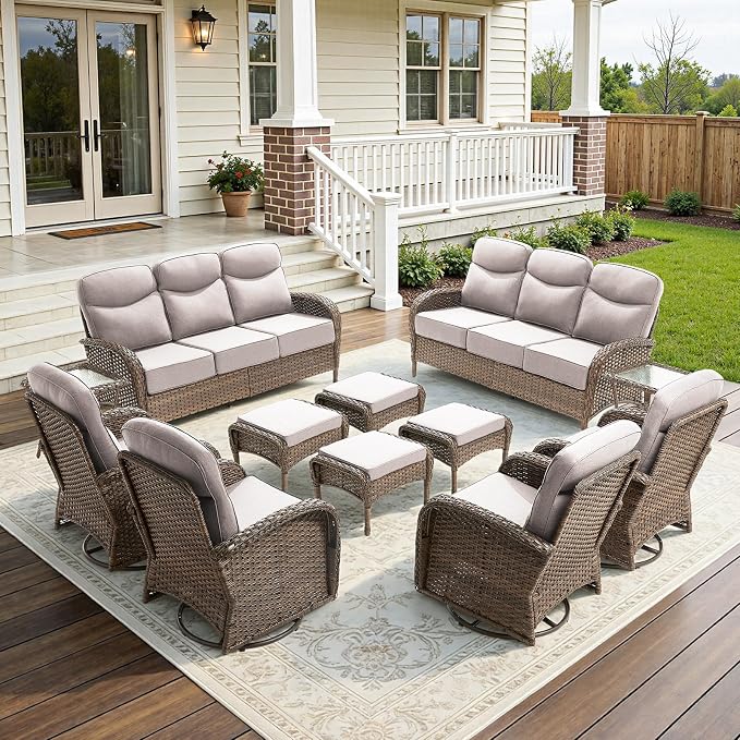 12-Piece Luxury Patio Furniture Set with 6-inch Thick Cushion,Outdoor Wicker Sofa Couch Set of 2 & Swivel Rocker Chairs, Conversation Set for Poolside, Deck & Yard - Beige