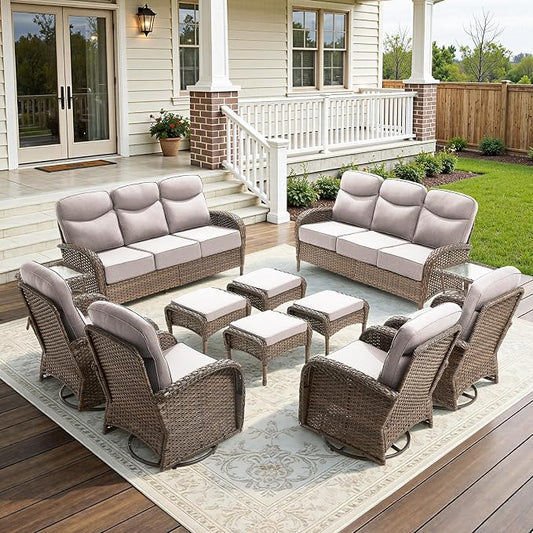 12-Piece Luxury Patio Furniture Set with 6-inch Thick Cushion,Outdoor Wicker Sofa Couch Set of 2 & Swivel Rocker Chairs, Conversation Set for Poolside, Deck & Yard - Beige