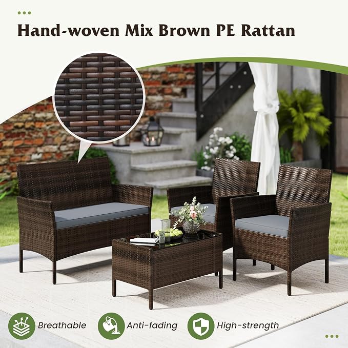 S AFSTAR 4 Pieces Patio Rattan Conversation Set, Patio PE Outdoor Set w/Tempered Glass Coffee Table, Loveseat & Chairs, Zippered Gray Cushions, Wicker Patio Sofa Set for Backyard, Garden & Poolside