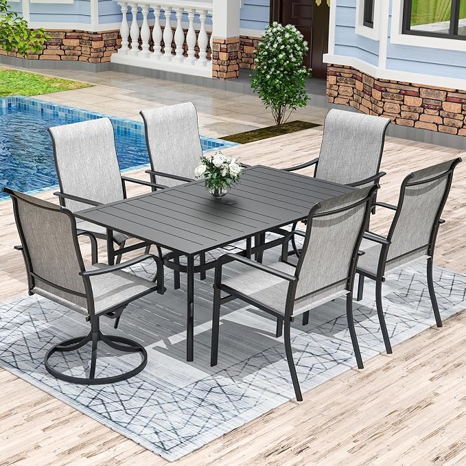 Anmutig 7 Pieces Outdoor Patio Dining Set, 63" Rectangle Metal Table with Textilene Swivel Chairs & Fixed Chairs, Outdoor Furniture Set for Backyard, Deck, Porch