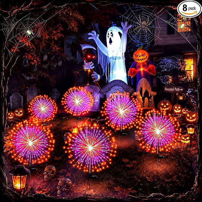 Tujoe 8 Pcs Halloween Solar Firework Stake Lights 180 LED 8 Modes Solar Waterproof LED Sparkler Lights Outdoor Decoration for Garden Patio Yard Pathway Walkway Lawn(Orange-Purple)