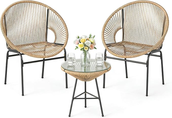 COSTWAY 3-Piece Outdoor Acapulco Chair Set, Wicker Conversation Bistro Sets with Plastic Rope, Glass Top Table, Patio Rattan Furniture Set for Garden, Balcony, Lawn, Backyard, Apartment (Brown)