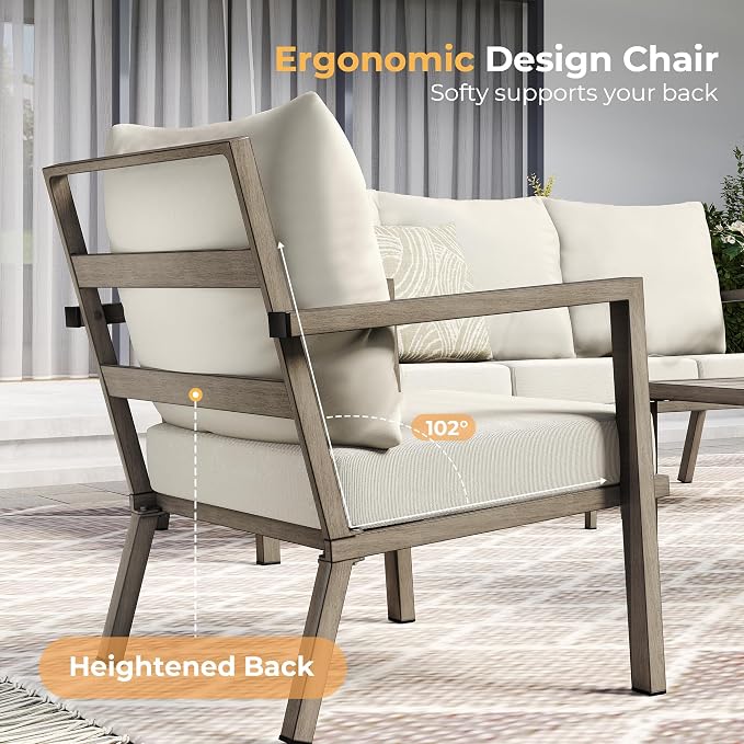 HAPPATIO Aluminum Patio Furniture Set, 3 Pieces Conversation Set with Thick Cushions and Side Table, Waterproof and Rustproof for All Weather, Seating Sofa for Garden, Backyard, Porch, Grey