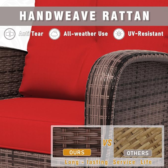 3 Piec Patio Bistro Set with 2 Rocking Chairs & Table, 360° Swivel PE Wicker Outdoor Furniture, Heavy-Duty Steel Frame,Weatherproof Cushions, Red