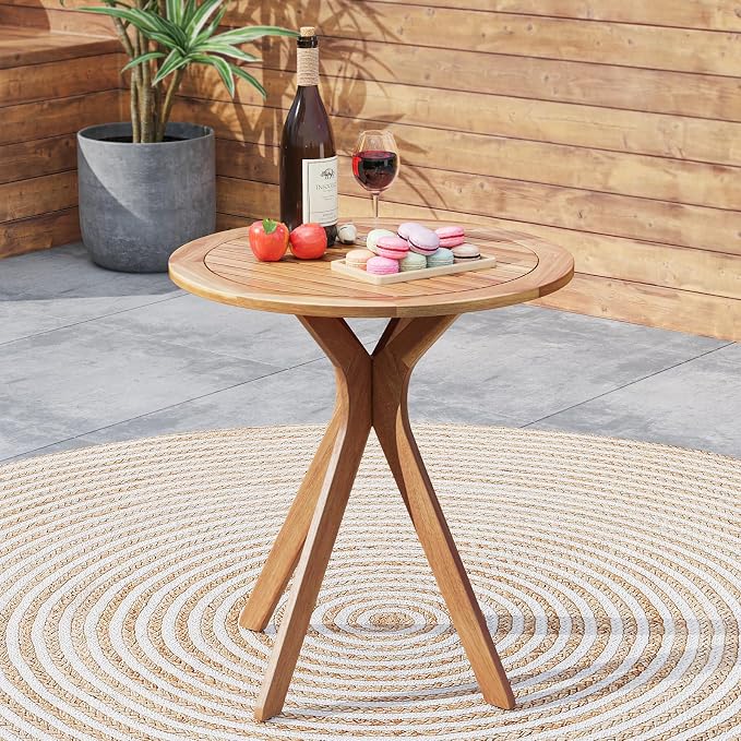 Tangkula 27.5 Inch Acacia Wood Outdoor Patio Bistro Table, Round Wooden Table w/X Base, Coffee Side Bistro Table for Garden, Backyard, Patio, Living Room (Teak)