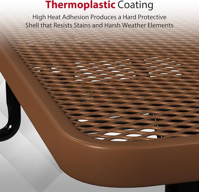 Leisure Craft Metal Picnic Table with Bench - 8 ft Rectangle Outdoor Dining Table for 8, Umbrella Hole, Weatherproof Heavy Duty Thermoplastic Coating, Commercial Grade Furniture Made in USA - Brown