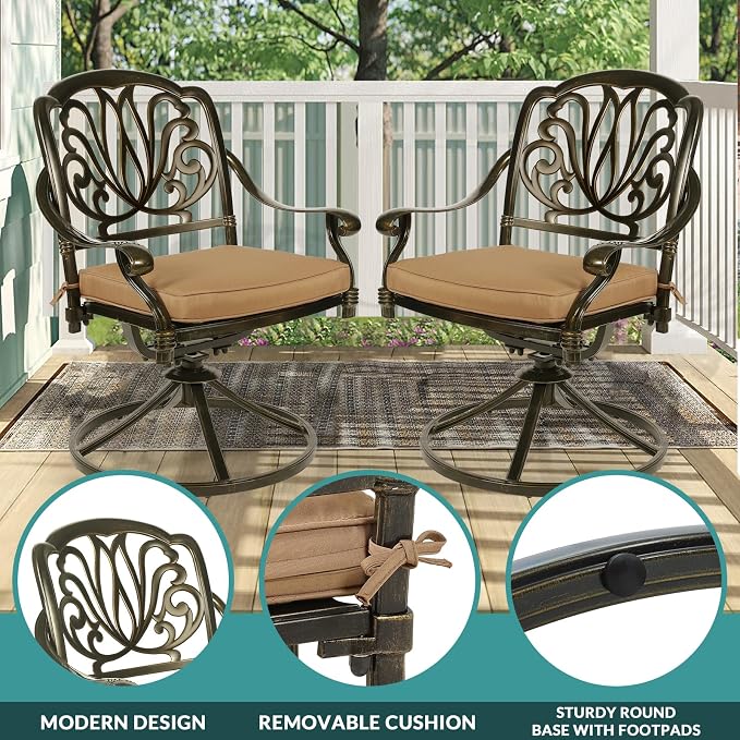 MEETWARM 9-Piece Outdoor Patio Dining Set for 8, All Weather Cast Aluminum Patio Funiture Table and Chairs Set- Large 64" Square Table and 8 Cushioned Swivel Rocker Chairs, 2.2" Umbrella Hole, Khaki