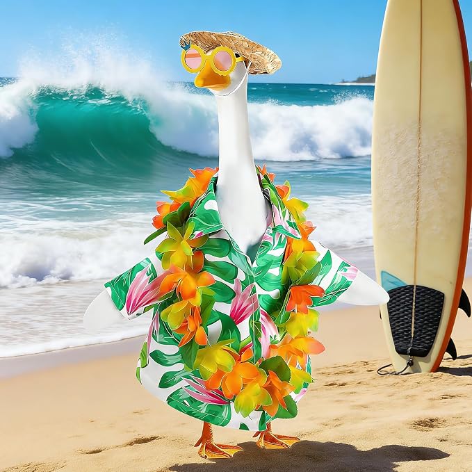 AZYM Hawaiian Porch Goose Outfits,Yard Goose Clothes Hawaiian Wreath with Straw Hat Glasses,4 Pcs/Set Summer Lawn Goose Costume,for 23" Statue Patio Garden Decoration