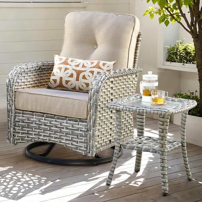 ovios Outdoor Side Table with Tempered Glass Top, Patio Wicker Rattan Bistro Coffee Tables with 2 Tiers Storage for Porch Deck Balcony Garden Poolside, Mixed Brown